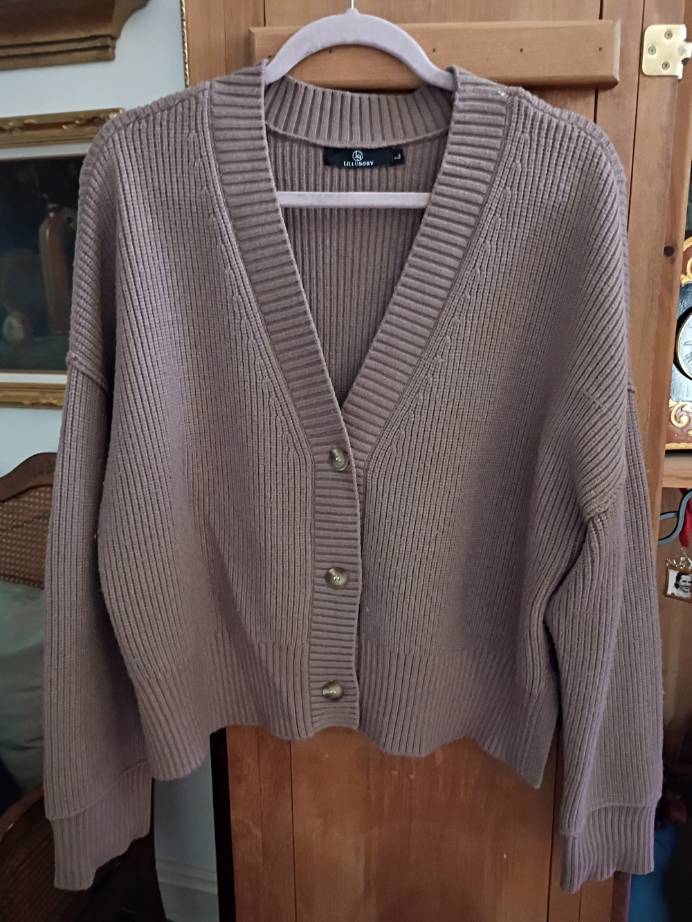 Lillusory Taupe Ribbed V-Neck Button-Front Cardigan